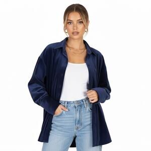 NWT Hunter & Brown Velvet Button Down Top Womens L Blue Oversized Clean Girl